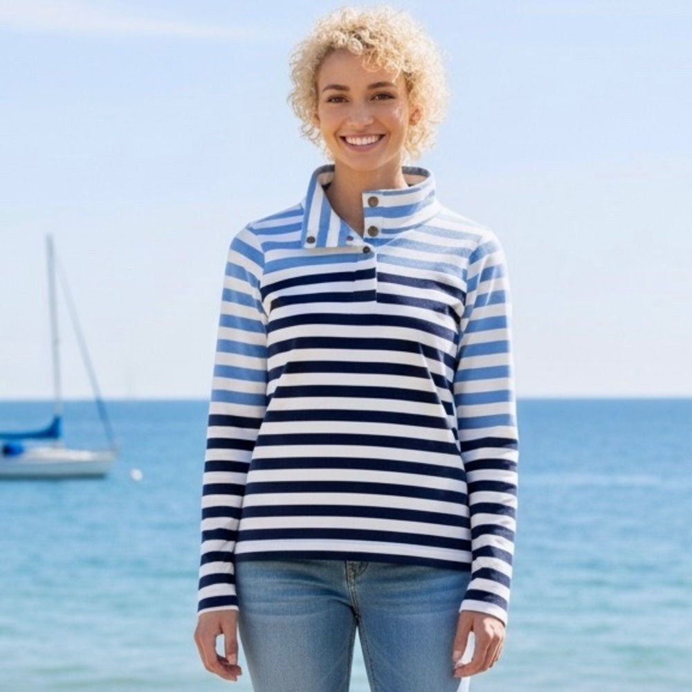 J Crew Factory Striped Button Front Pullover Women XS Blue White Nautical Cotton